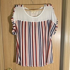 Flower and Feather Striped Short Sleeve Blouse Size 3XL NWOT